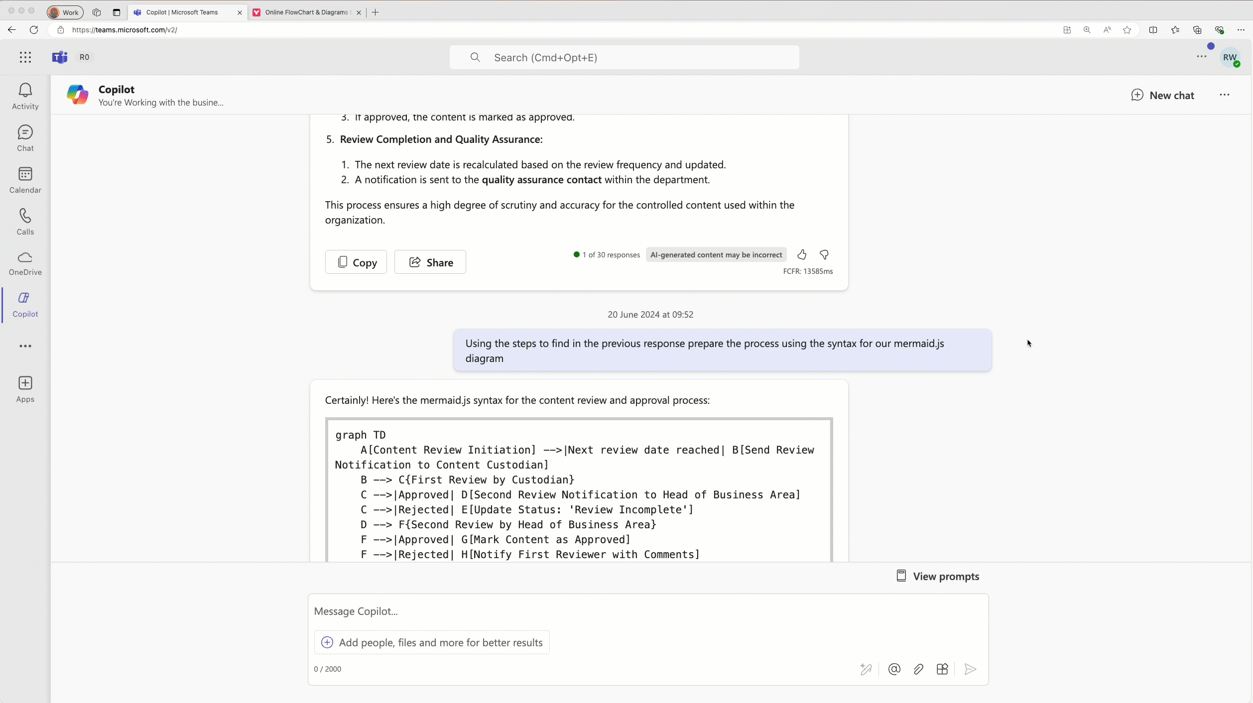 Prompt for Copilot for Microsoft 365 to convert text to diagram with mermaid.js