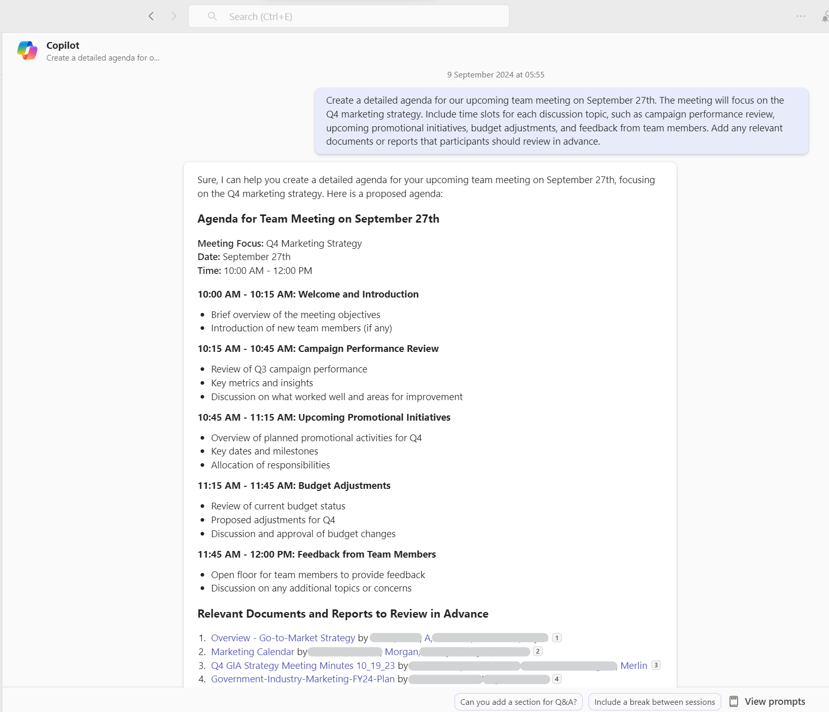 Prompt for Copilot for Microsoft 365 which helps generate structured agendas for meetings, specifying time slots and topics.