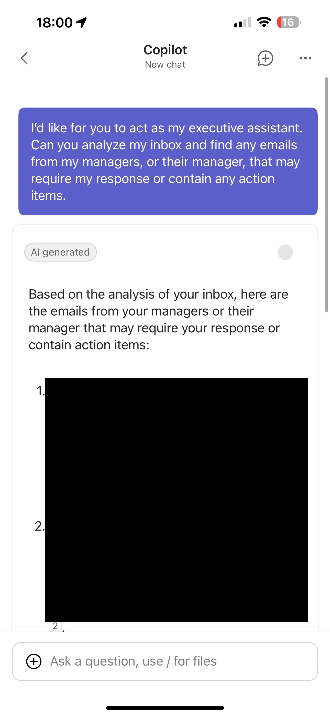 Prompt for Copilot for Microsoft 365 showing how to from your inbox any emails from your manager, or their manager