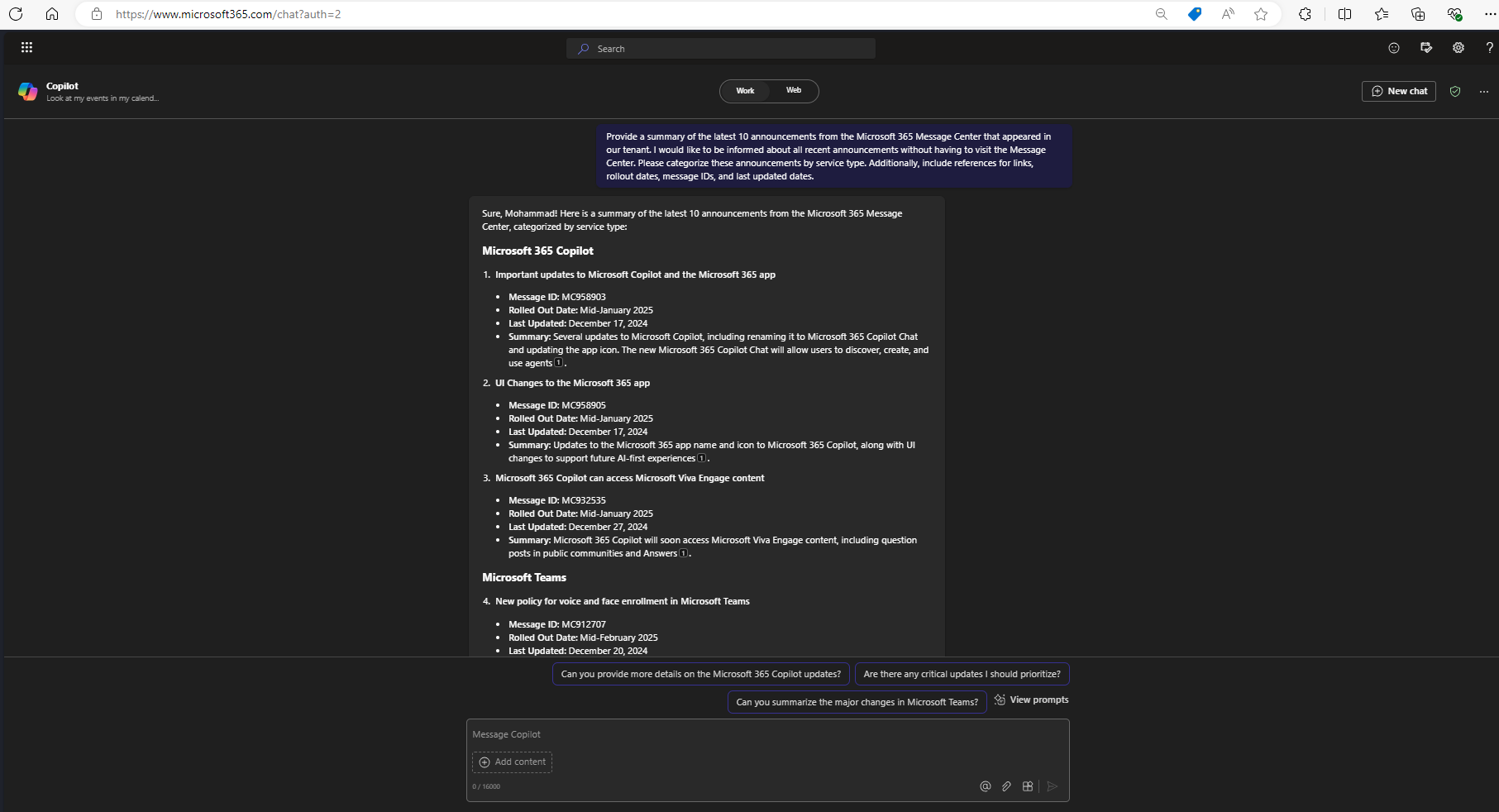Latest 10 announcements from m365 message center