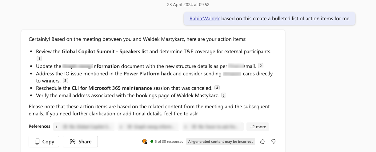 Prompt for Copilot for Microsoft 365 to create a bulleted list of action items based on a meeting