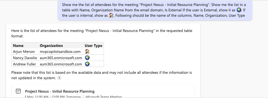 Prompt for Copilot for Microsoft 365 to list the invitees for a meeting and distinguish between internal and external invitees