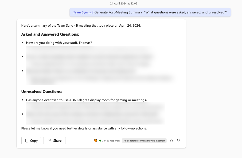 Prompt for Copilot for Microsoft 365 showing how to generate a post-meeting summary