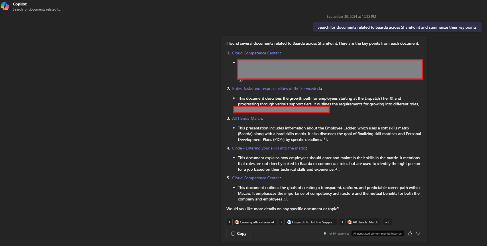 Prompt for Copilot to search for documents in SharePoint Online for specific topic and summarize the content
