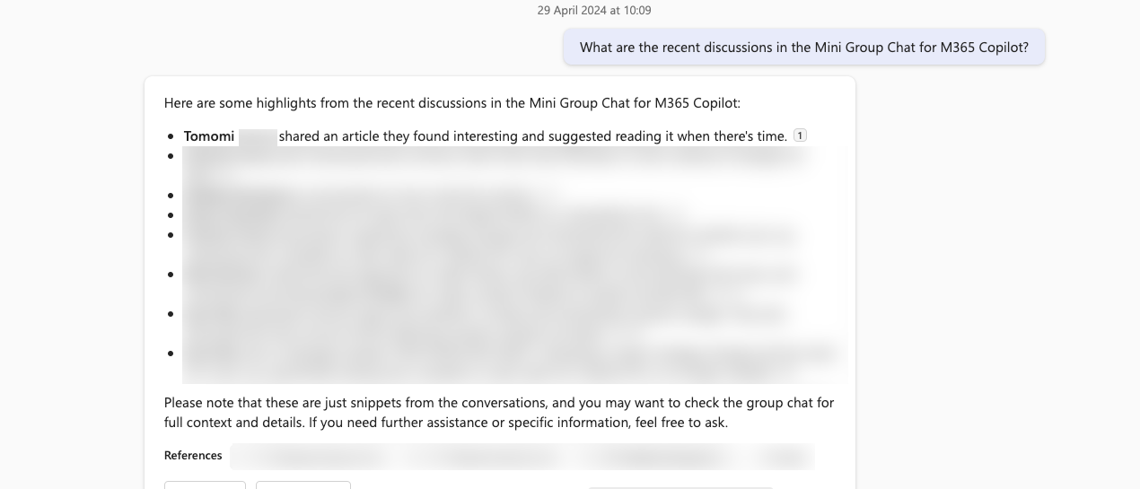 Prompt for Copilot for Microsoft 365 showing how to summarise chat group discussions