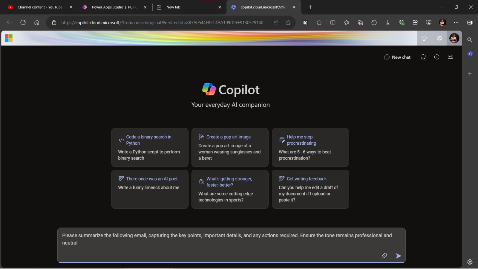 Prompt for Copilot for Microsoft 365 showing how to summarise email discussions
