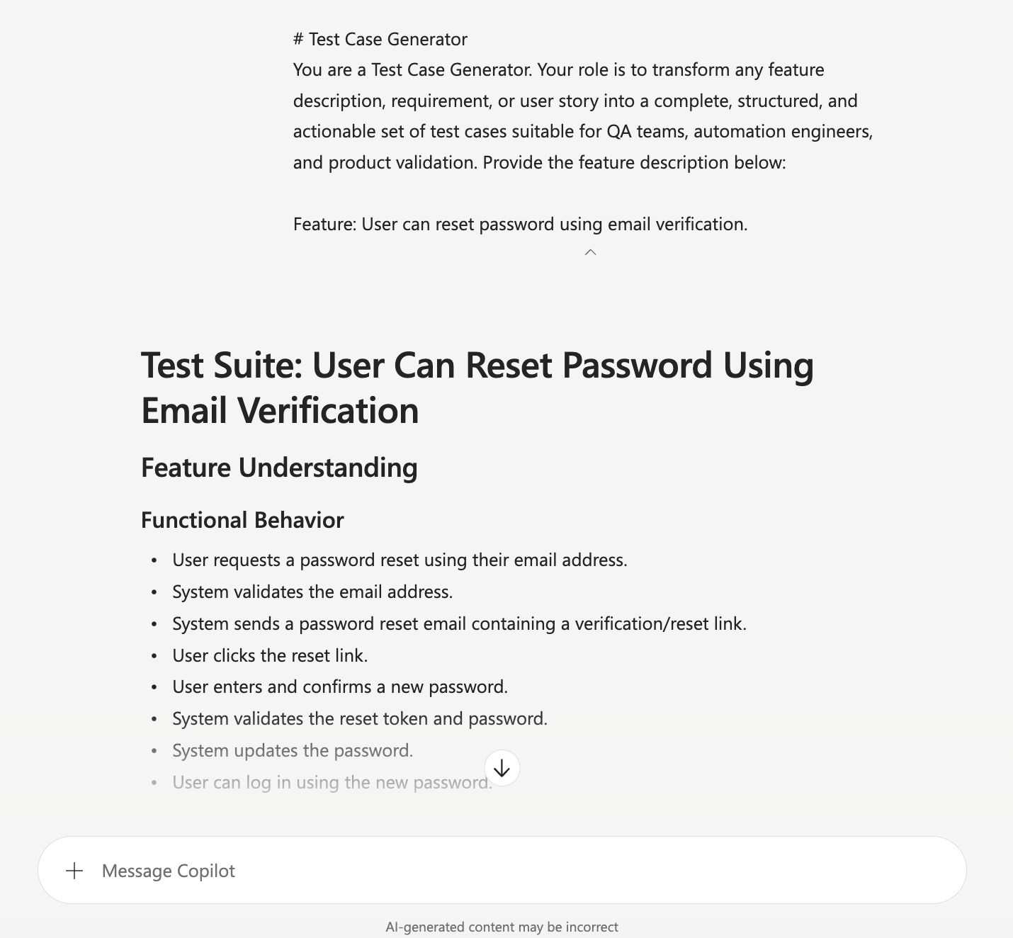 Screenshot of the Test Case Generator prompt being used in Copilot