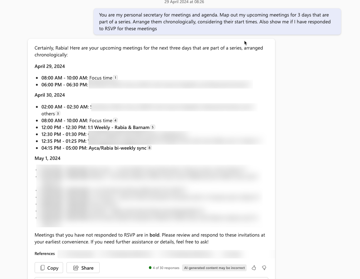 Prompt for Copilot for Microsoft 365 showing how to create a timeline of your upcoming meetings.