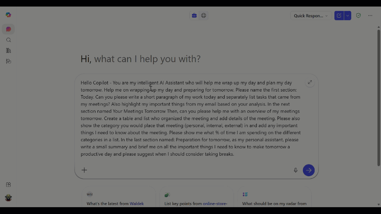 Prompt for daily wrap-up and tomorrow planning using Microsoft 365 Copilot
