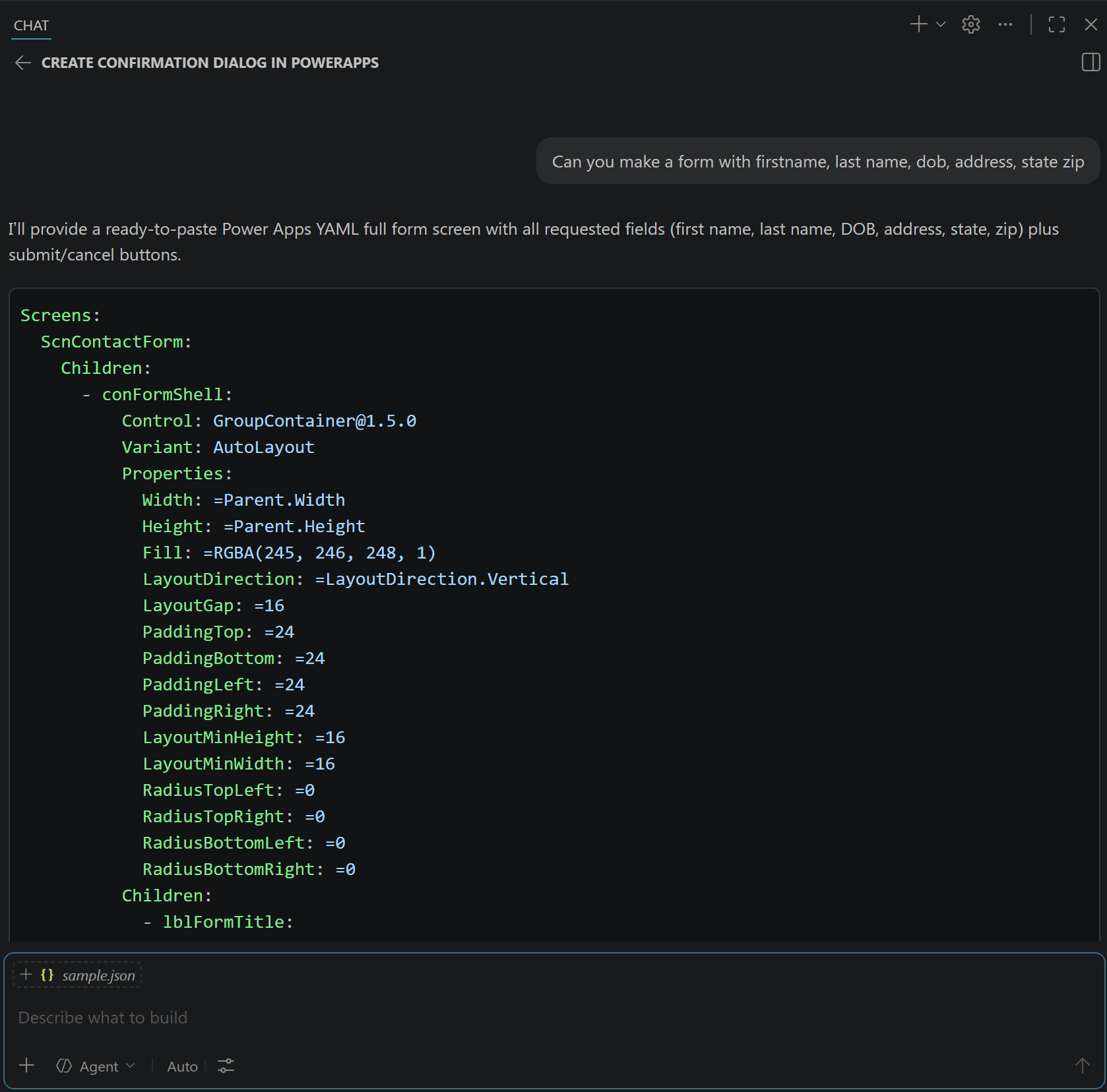 Power Apps Canvas App YAML Generator skill in action