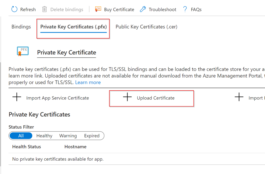 Azure Portal - Private Key Certificate settings