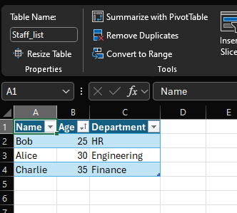 Table example output