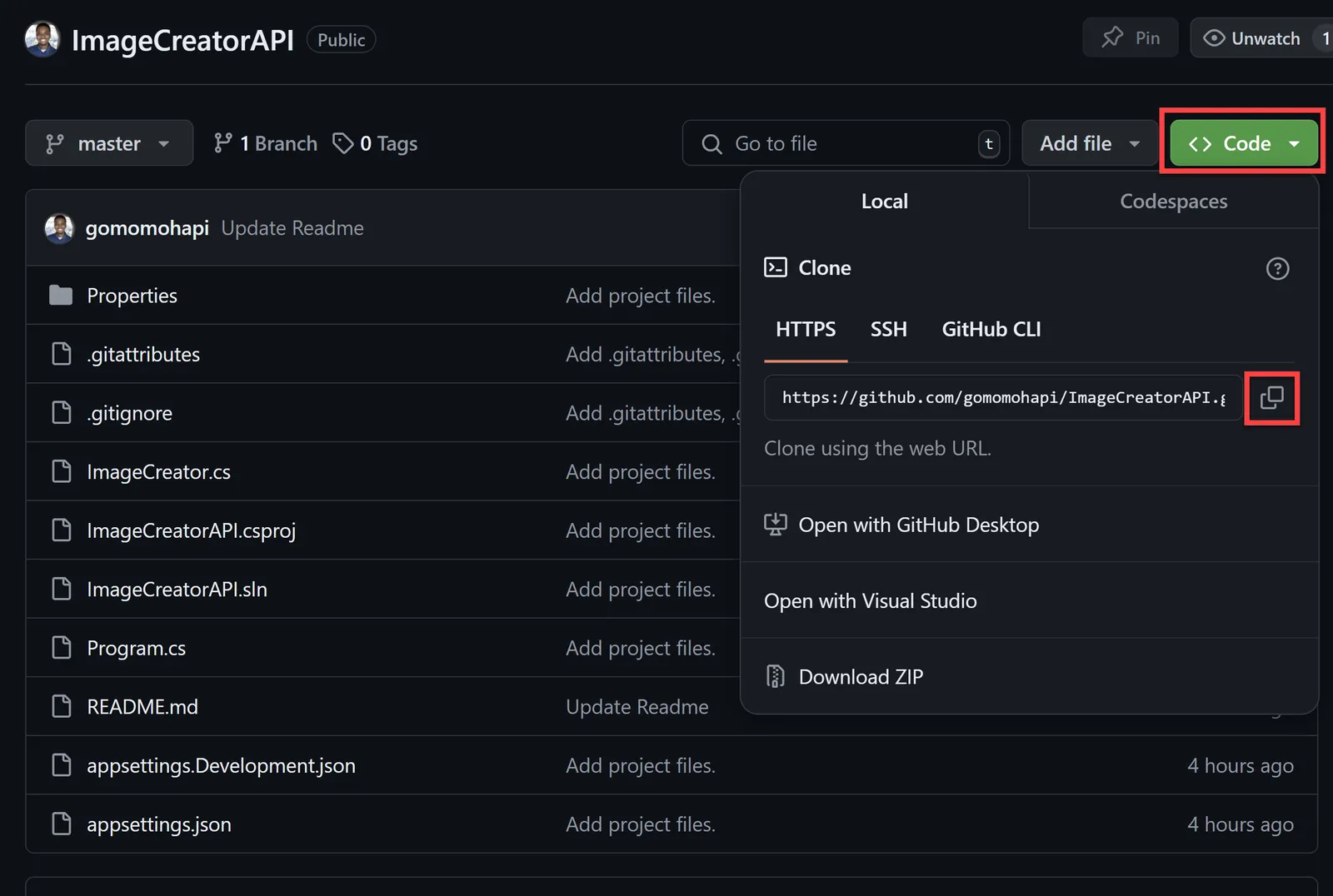 ImageCreatorAPI Sample Project code page