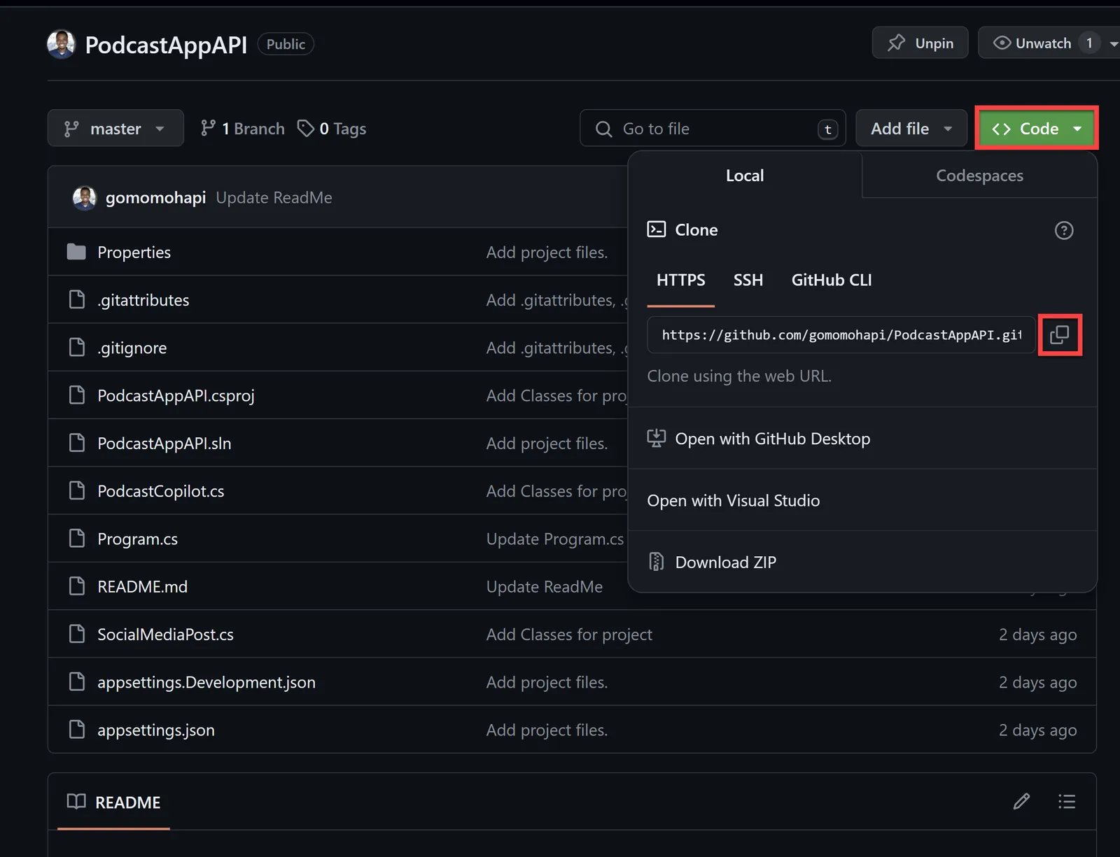 PodcastAppAPI Sample Project code page