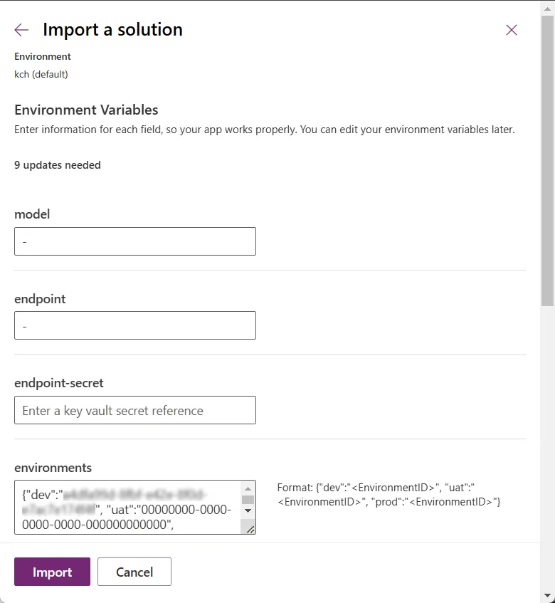 Import solution - Environment Variables screen