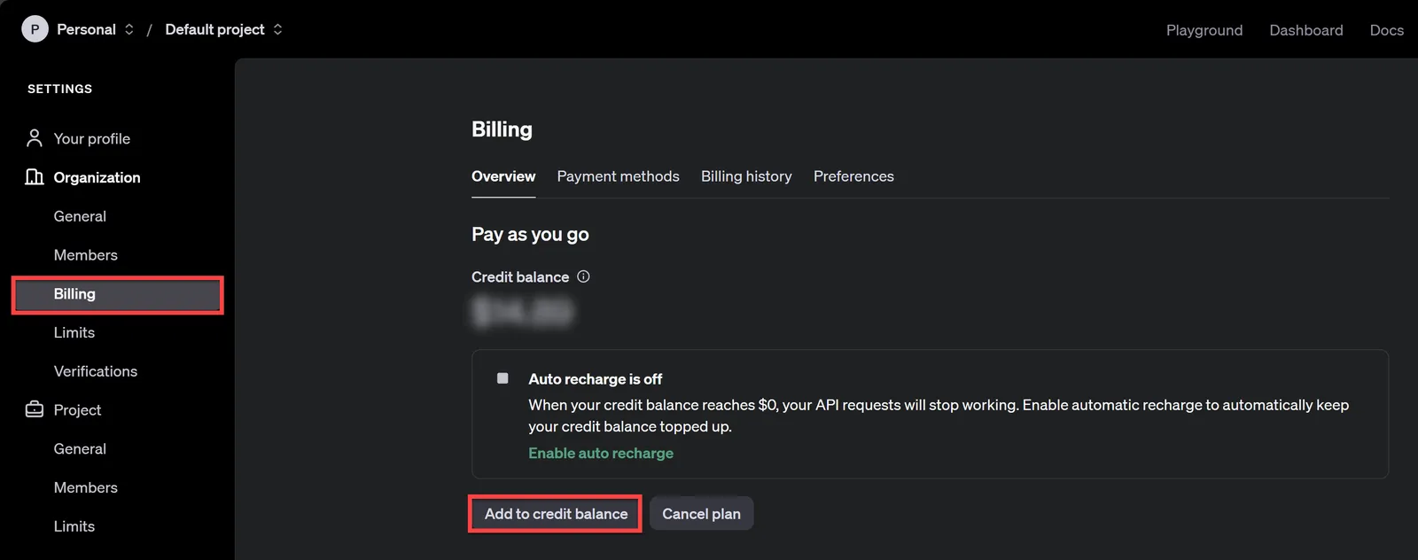 Add to credit balance