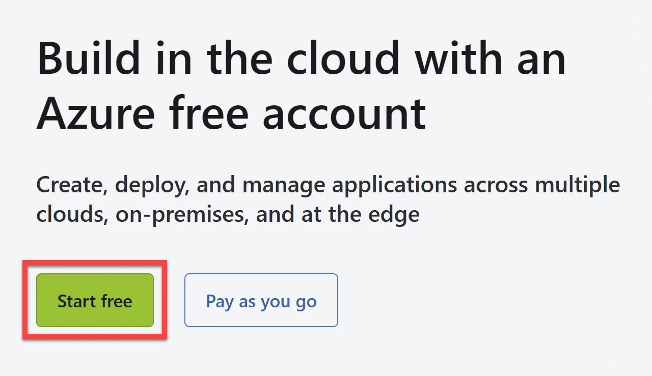 Azure account start free page