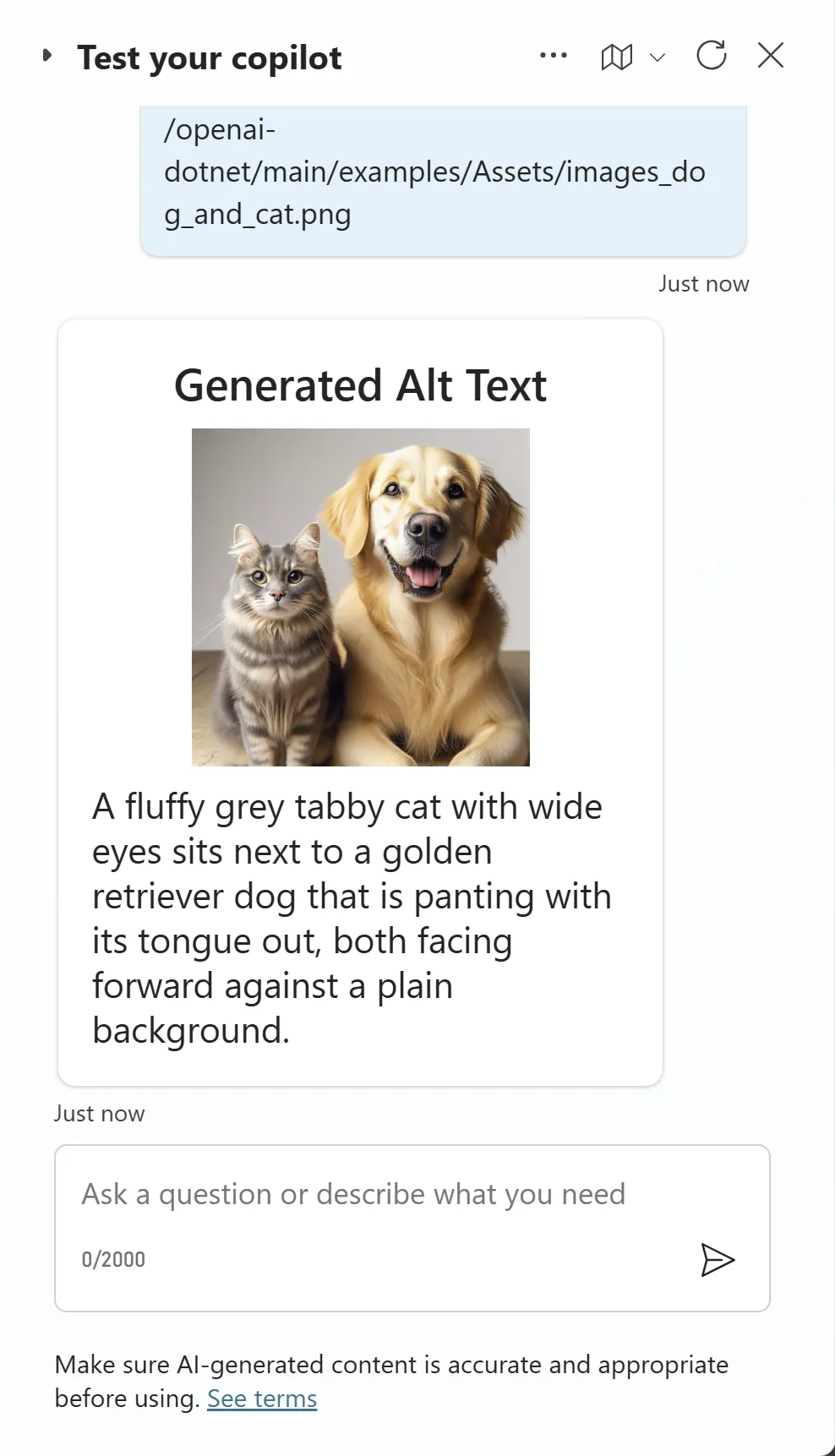 Generates alt text for an image