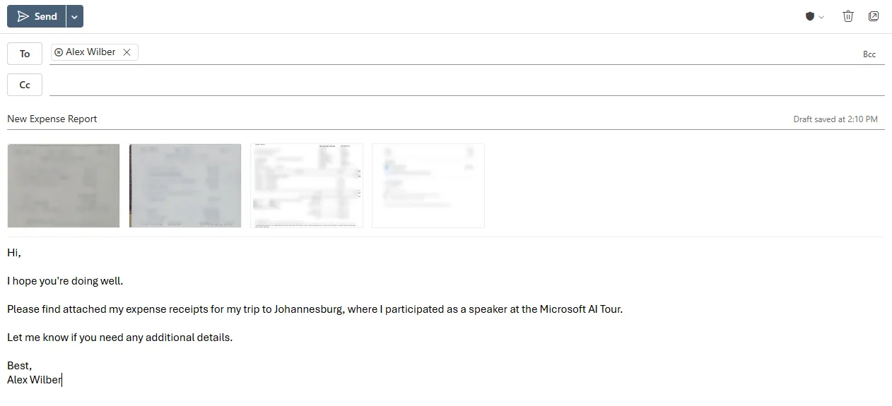 Screenshot of the email with the subject New Expense Report and a lengthy description of where you went, what you did, etc