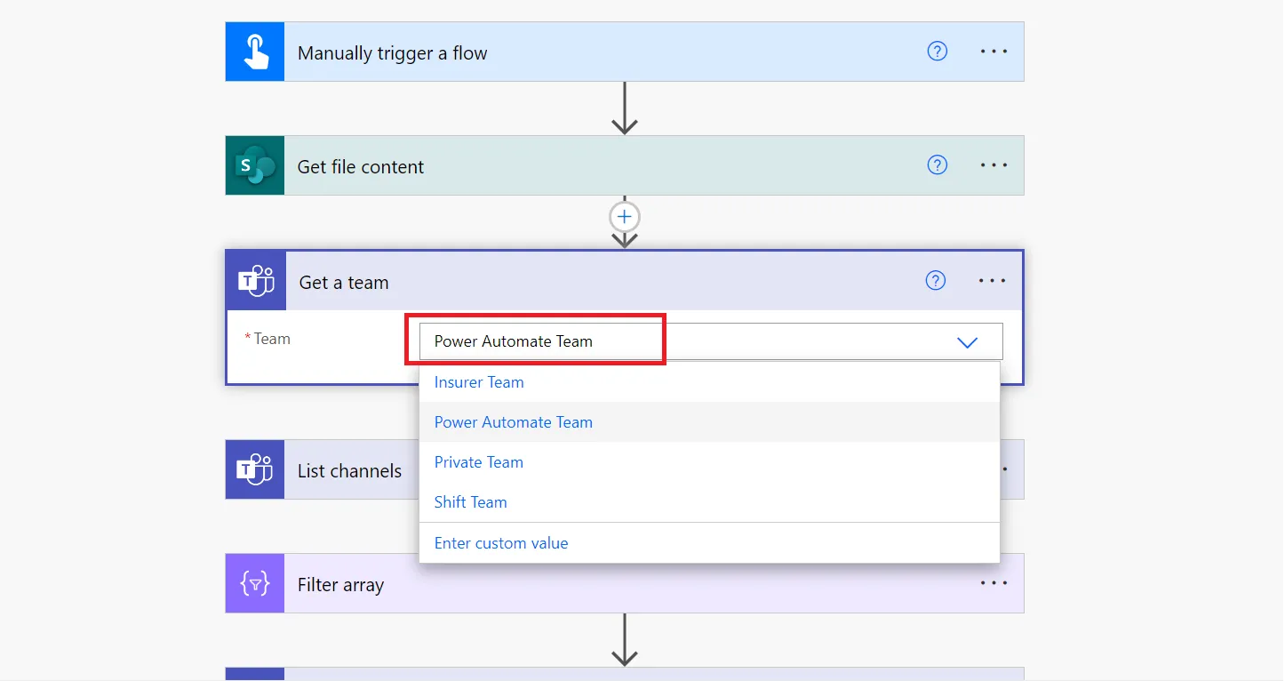 Configure Get team action
