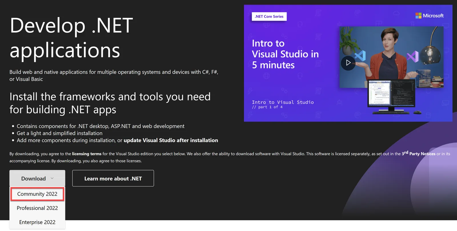 Visual Studio Community Edition download page