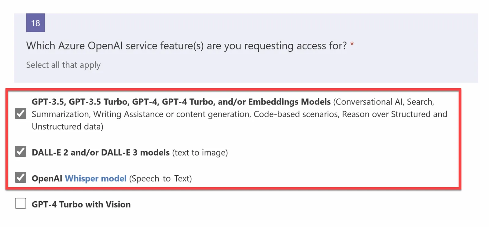 Azure OpenAI Service models to select
