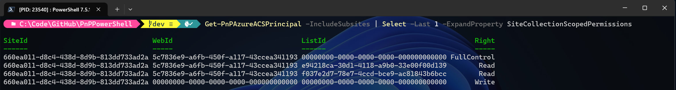 Sample Get-PnPAzureACSPrincipal output