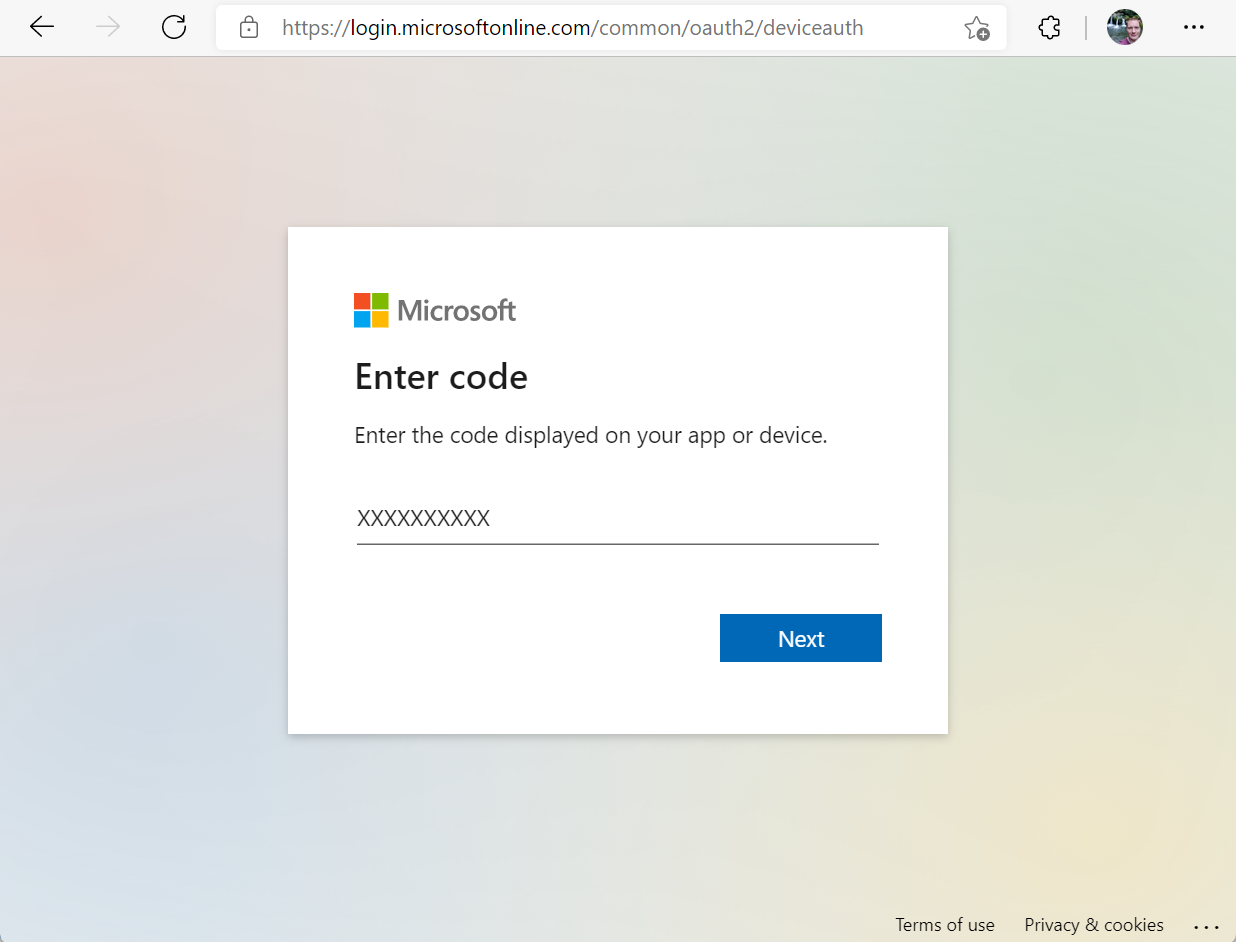 Entering the code from Azure Cloud Shell into the Microsoft device login