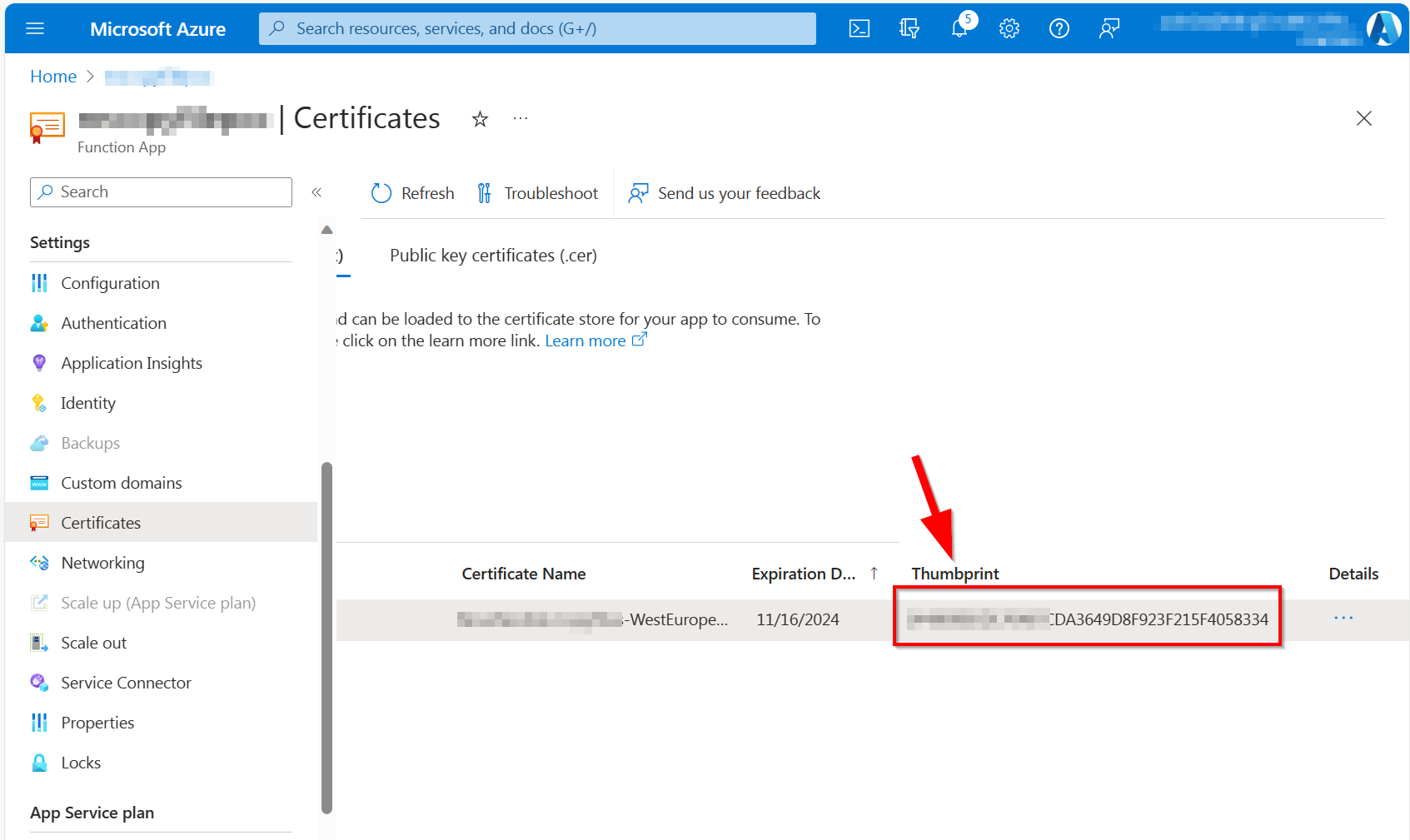 Copying the thumbprint from a custom certificate in an Azure Function