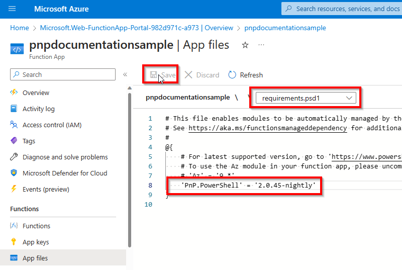 Adding PnP PowerShell to the requirements.psd1 file in an Azure Function