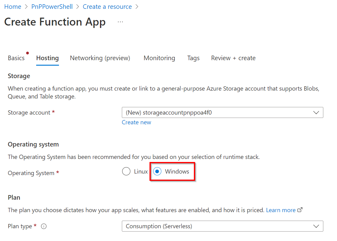 Create function app hosting