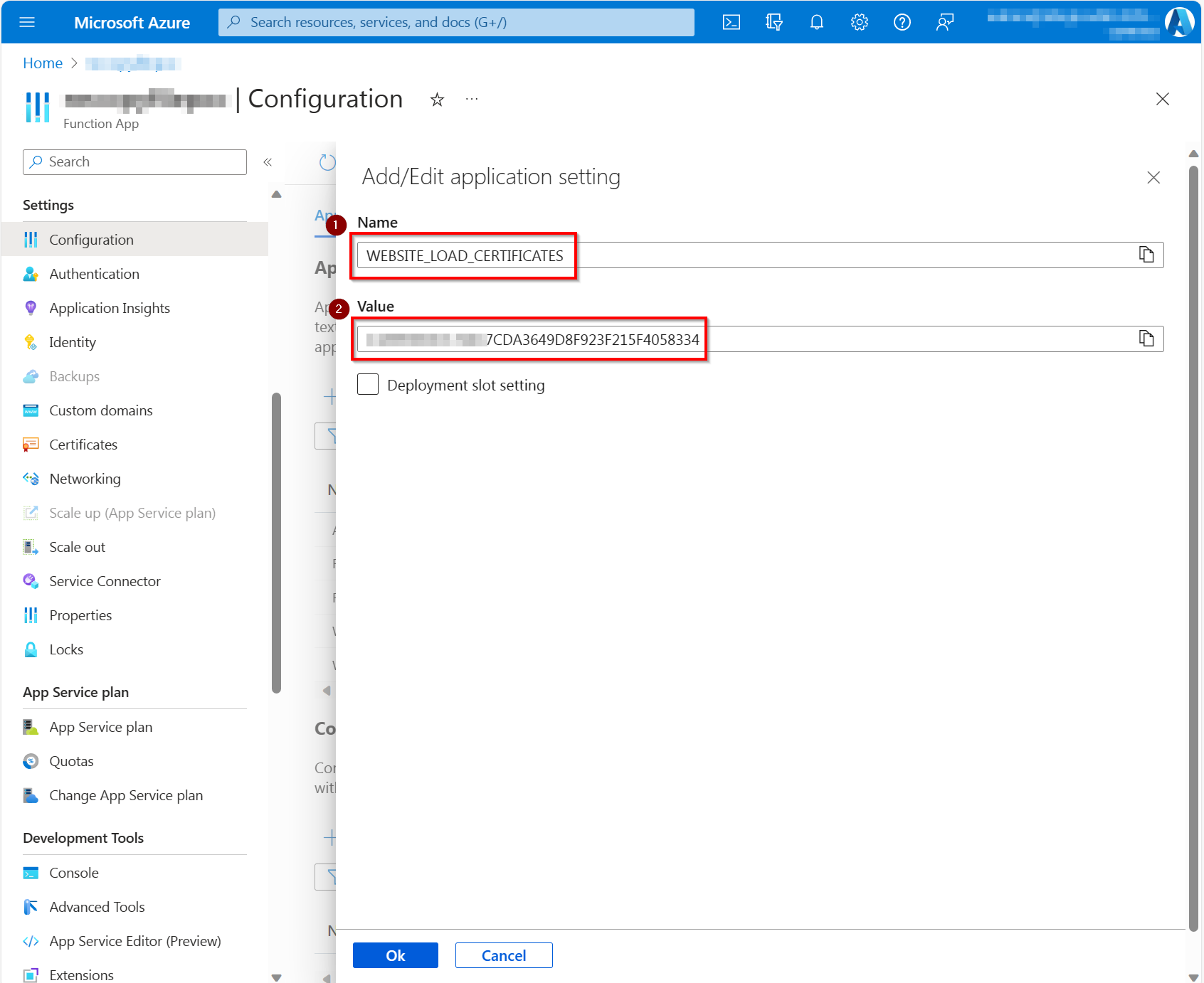 Providing the details of the to be whitelisted custom certificate in an Azure Function