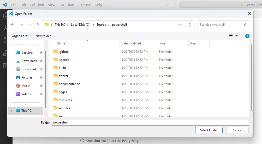 Selecting the folder in Visual Studio Code