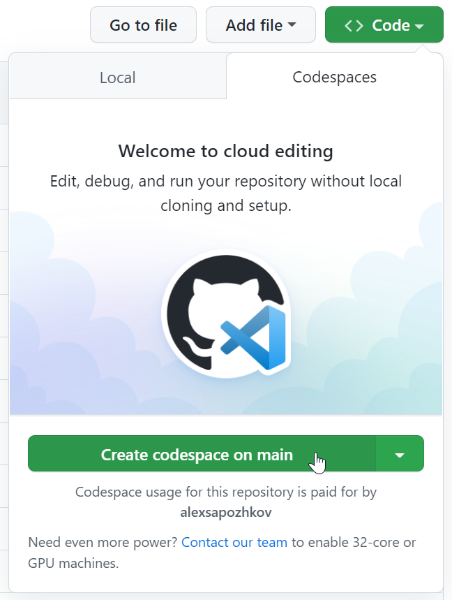 GitHub Create codespace Button