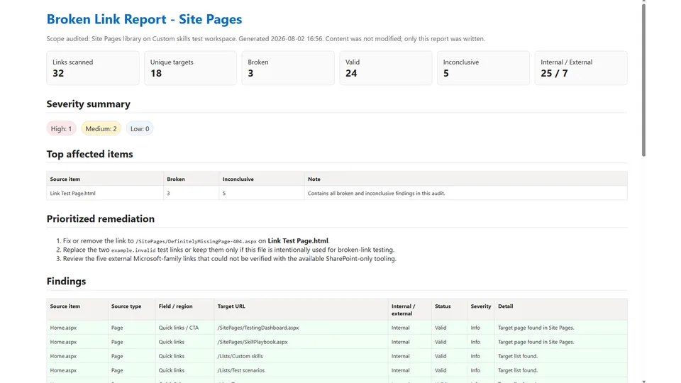 Broken Link Auditor skill in action