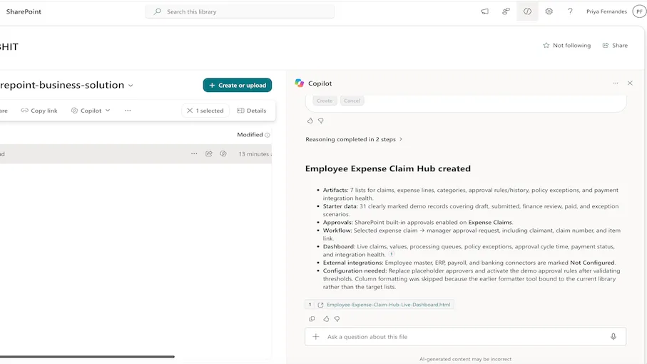 Build SharePoint Business Solution skill in action