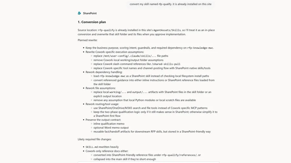Convert Cowork Skill to SharePoint skill in action