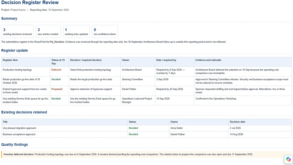 Decision Register Builder review for Project Aurora