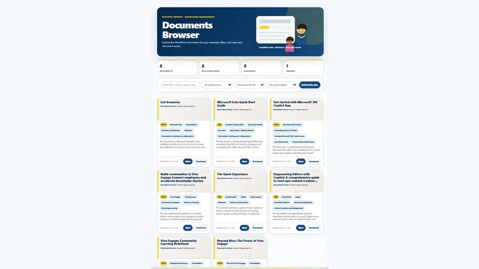 Document Browser skill showing a live-linked dashboard with document cards