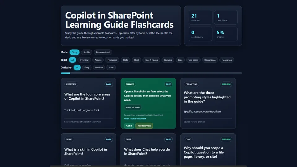 Flashcards Dashboard skill showing interactive flip cards