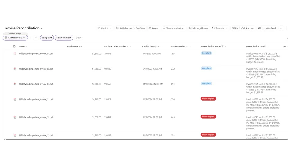 Invoice to Purchase Order Reconciliation skill in action