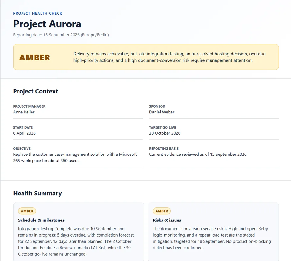 Project Health Check skill showing executing against demo project Project Aurora