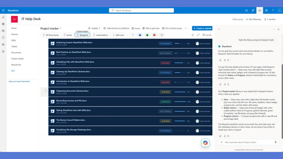 Blueprint style applied to a SharePoint list