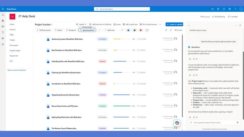 Glassmorphism style applied to a SharePoint list