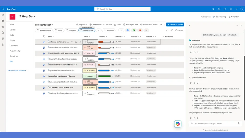 High Contrast accessibility style applied to a SharePoint list