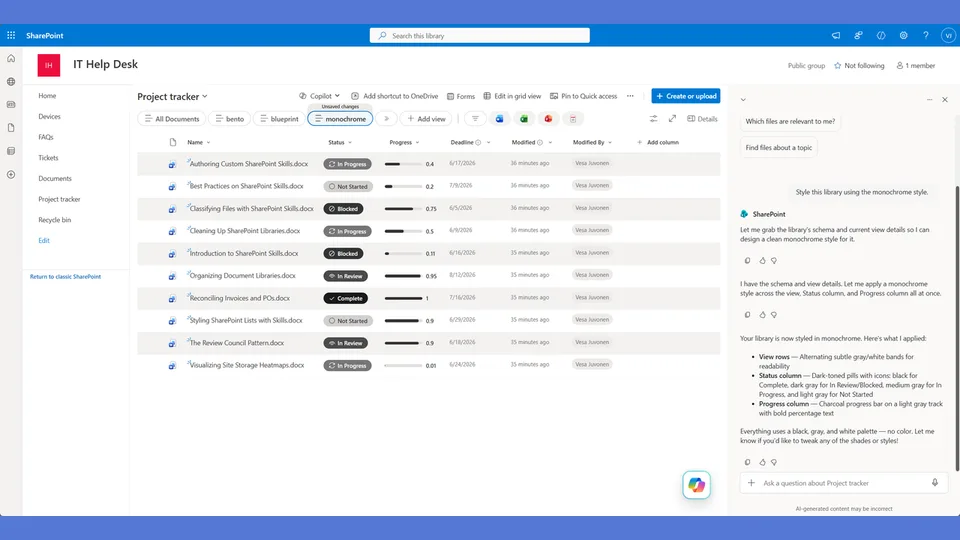 Monochrome style applied to a SharePoint list