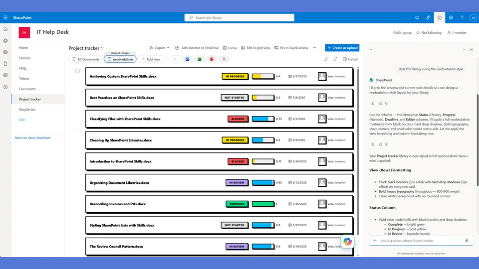 Neobrutalism style applied to a SharePoint list