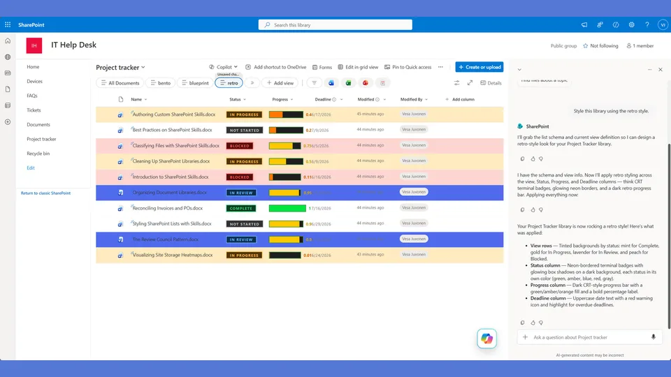 Retro Memphis style applied to a SharePoint list