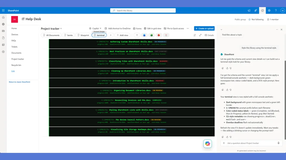 Terminal style applied to a SharePoint list