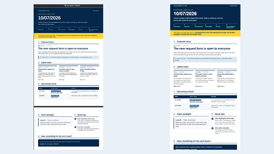 Team Newsletter Publisher skill output showing the designed newsletter masthead and featured story
